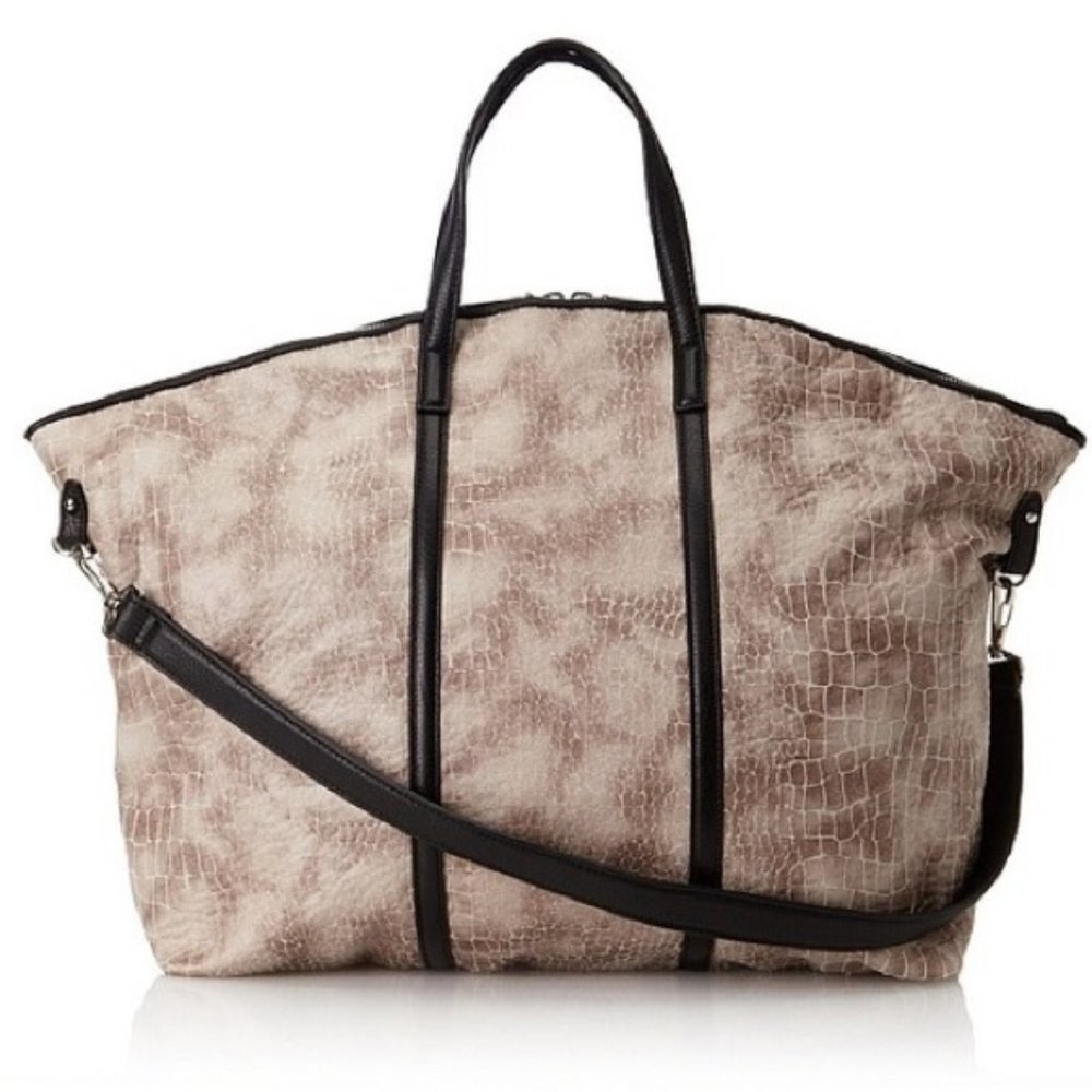 Kelsi Dagger Beige and Black Croc-Embossed Tote